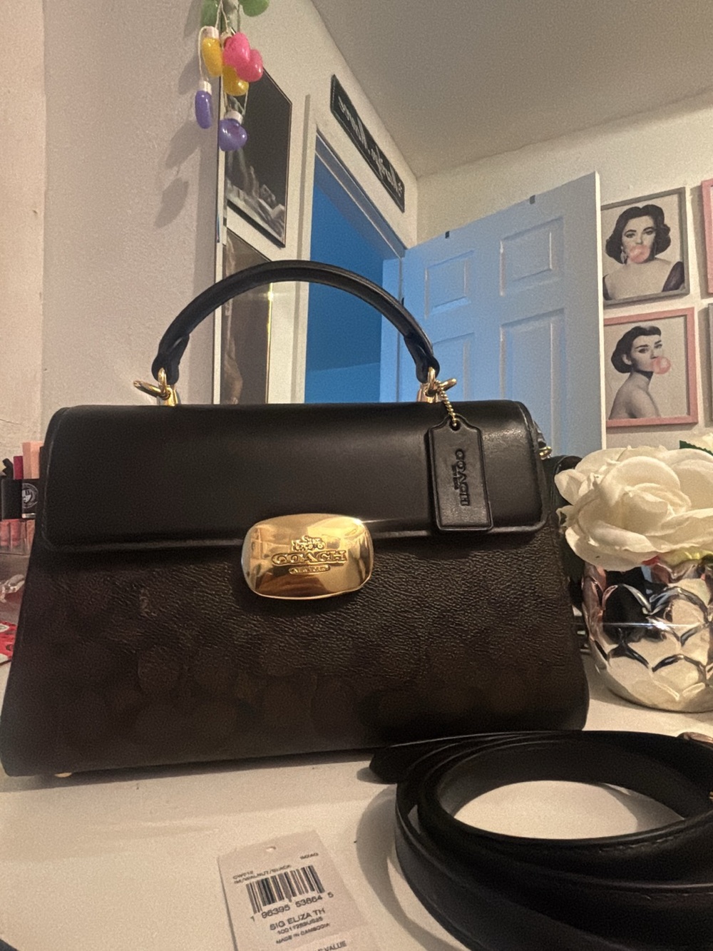Coach Brown and Black Top-Handle Satchel with Gold Hardware